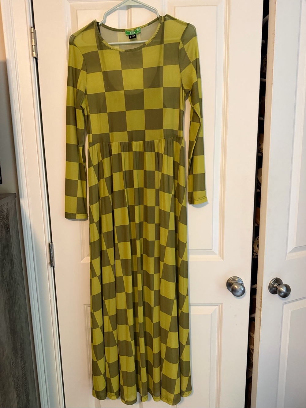 Emy Ave / Burnt Toast Green Checkered Long Sleeve Maxi Dress